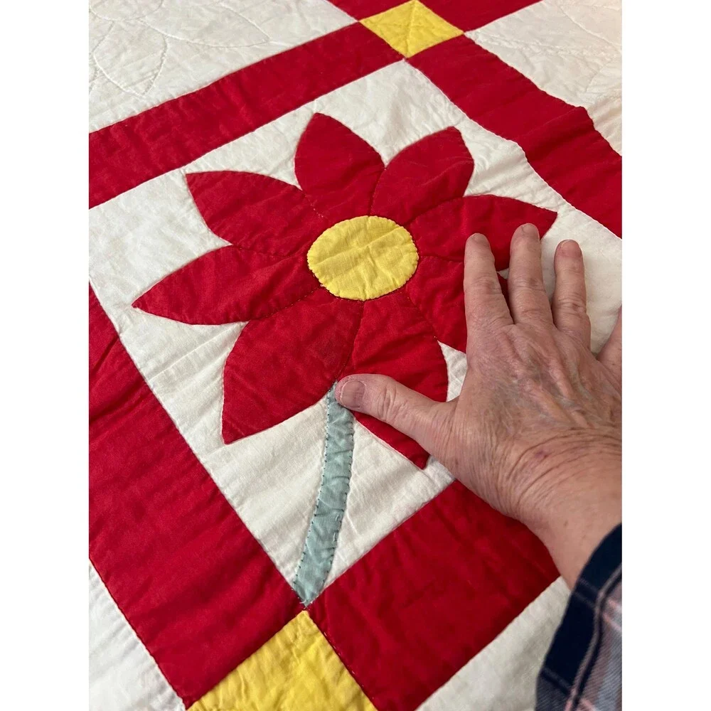 Vintage Red and White Sunflower Quilt